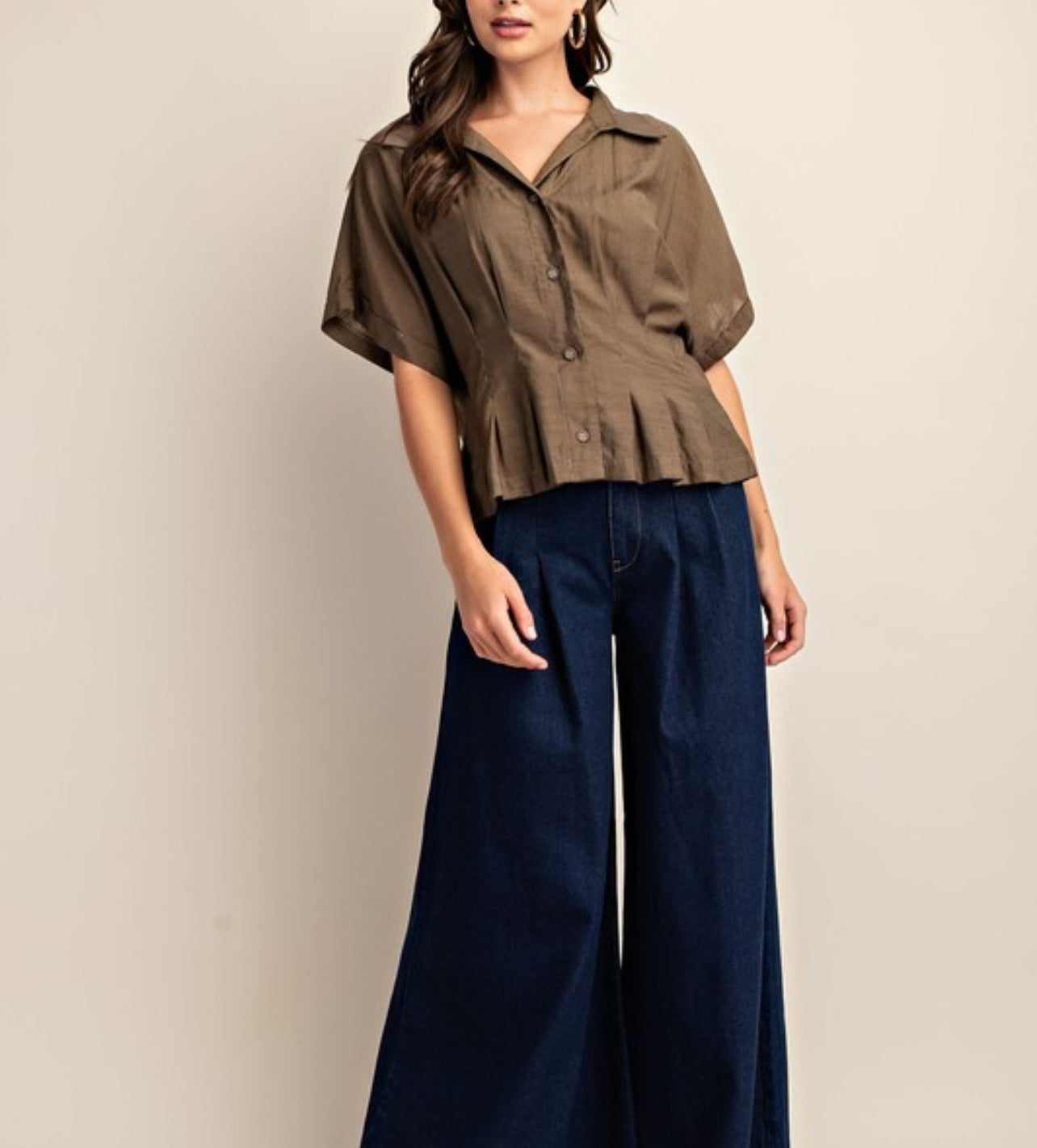 Army Green Shade Pleated Button Down
