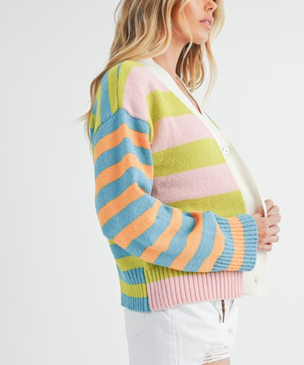 Cardigan of many colored stripes
