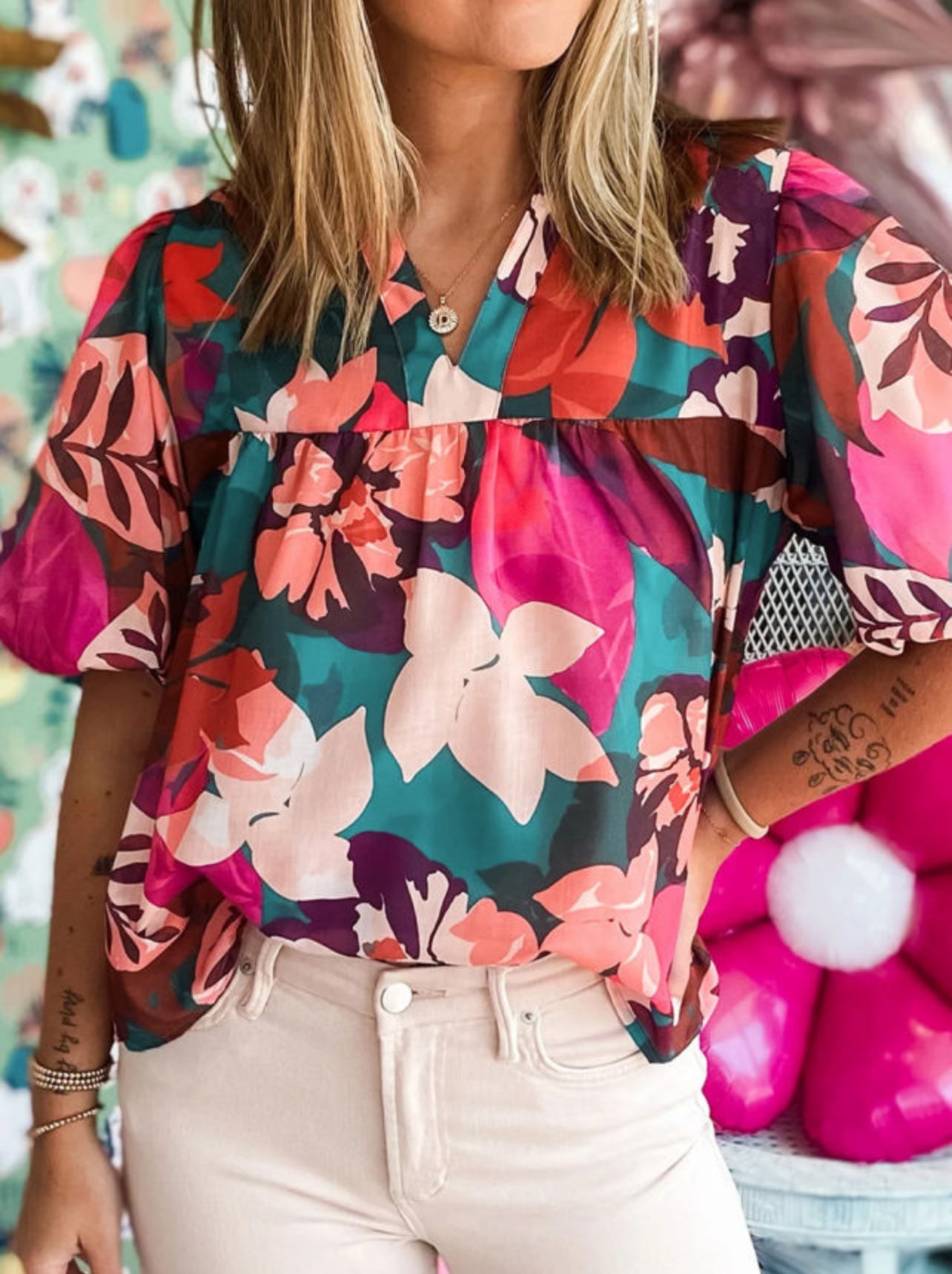 Deva Deep Floral Vneck Puff Sleeve