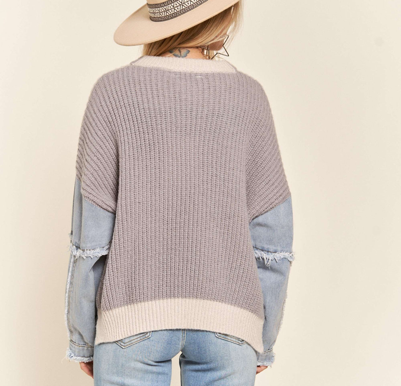 Denim Sleeved Colorblock Plus Sweater
