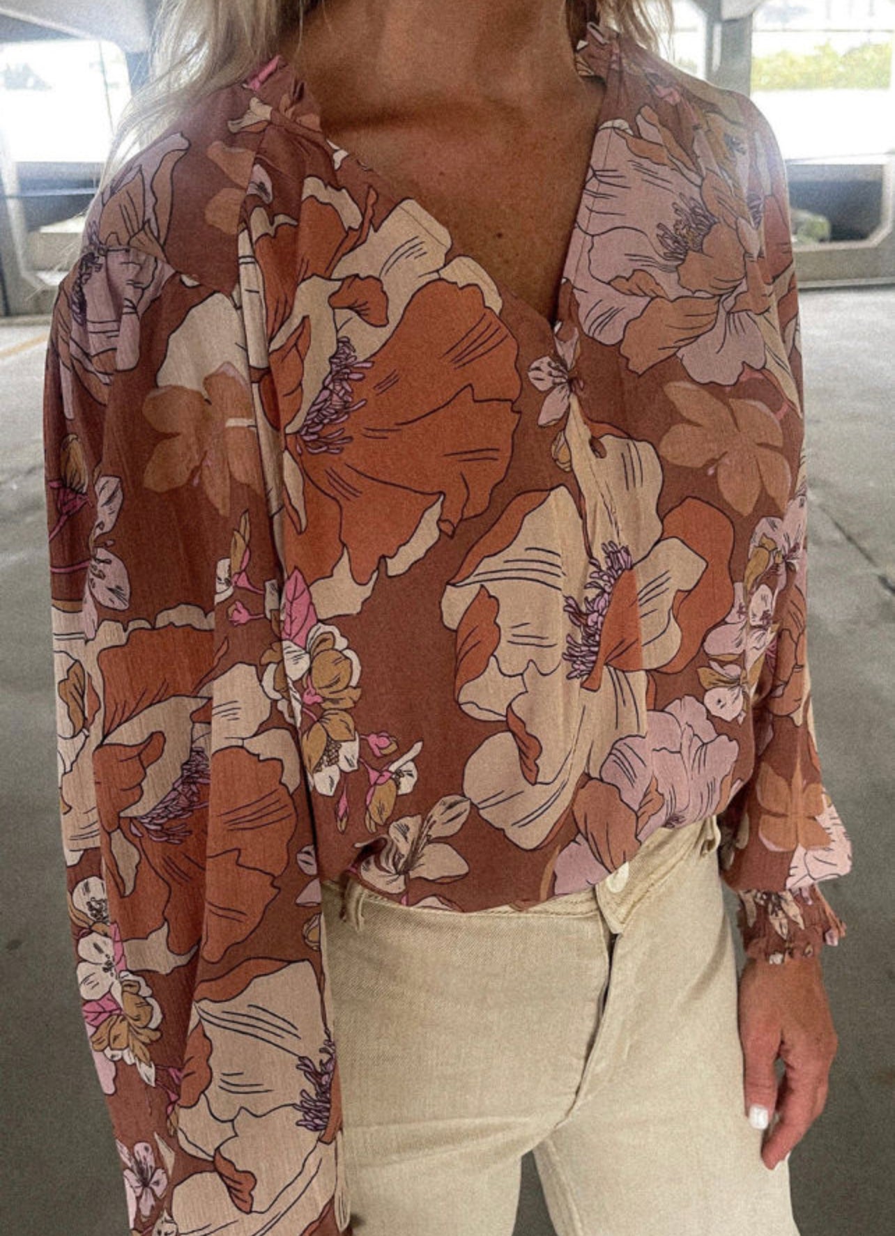 Brown Flowers Vneck Blouse