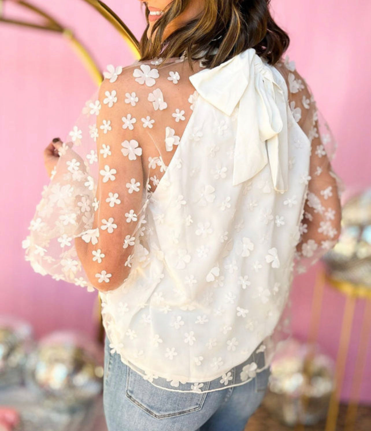 White Flower Mesh Sleeves Top