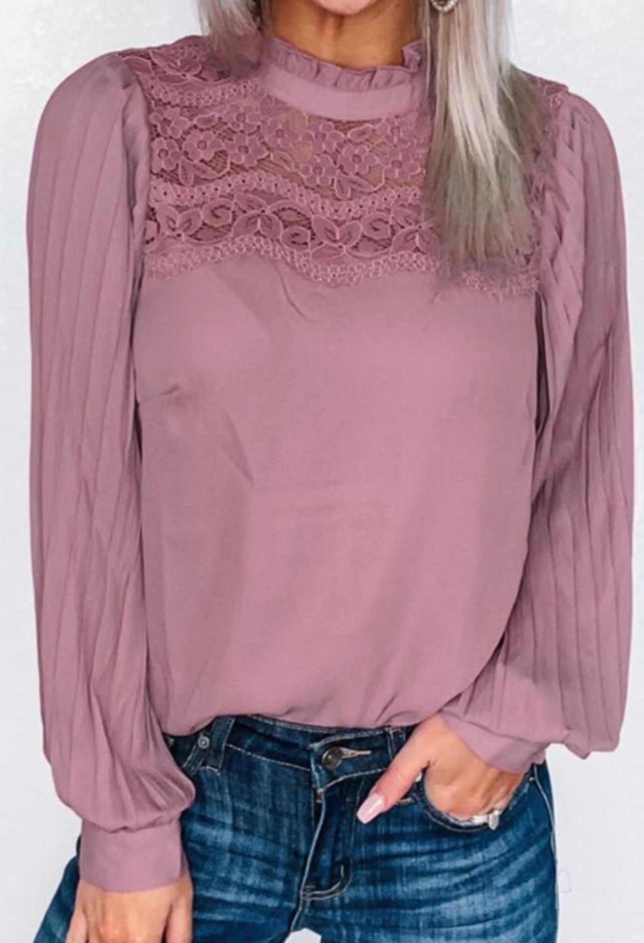 Lavender Lace Neck Pleated Sleeves