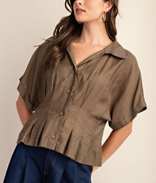 Army Green Shade Pleated Button Down