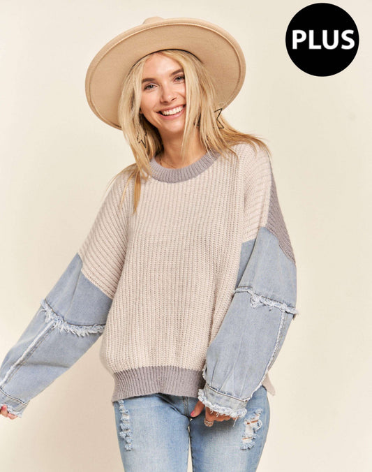 Denim Sleeved Colorblock Plus Sweater