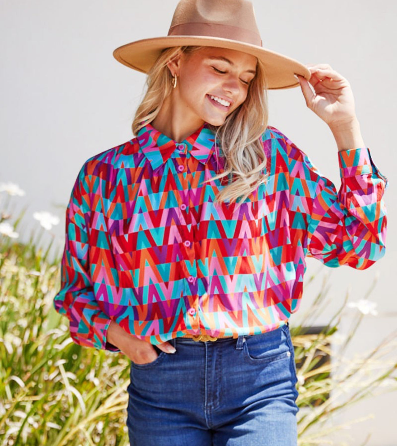 Bright Chevron Striped Button Down