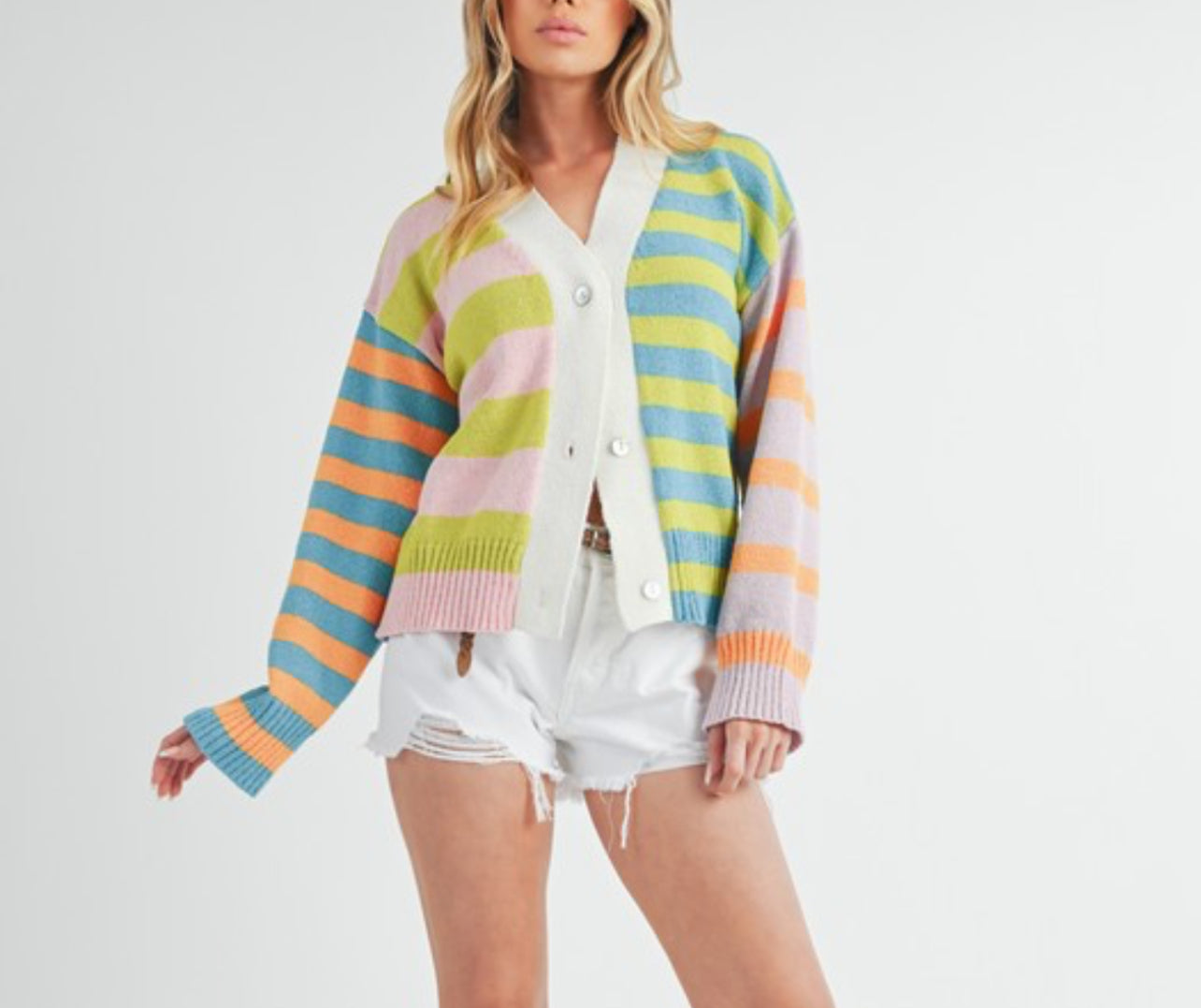 Cardigan of many colored stripes