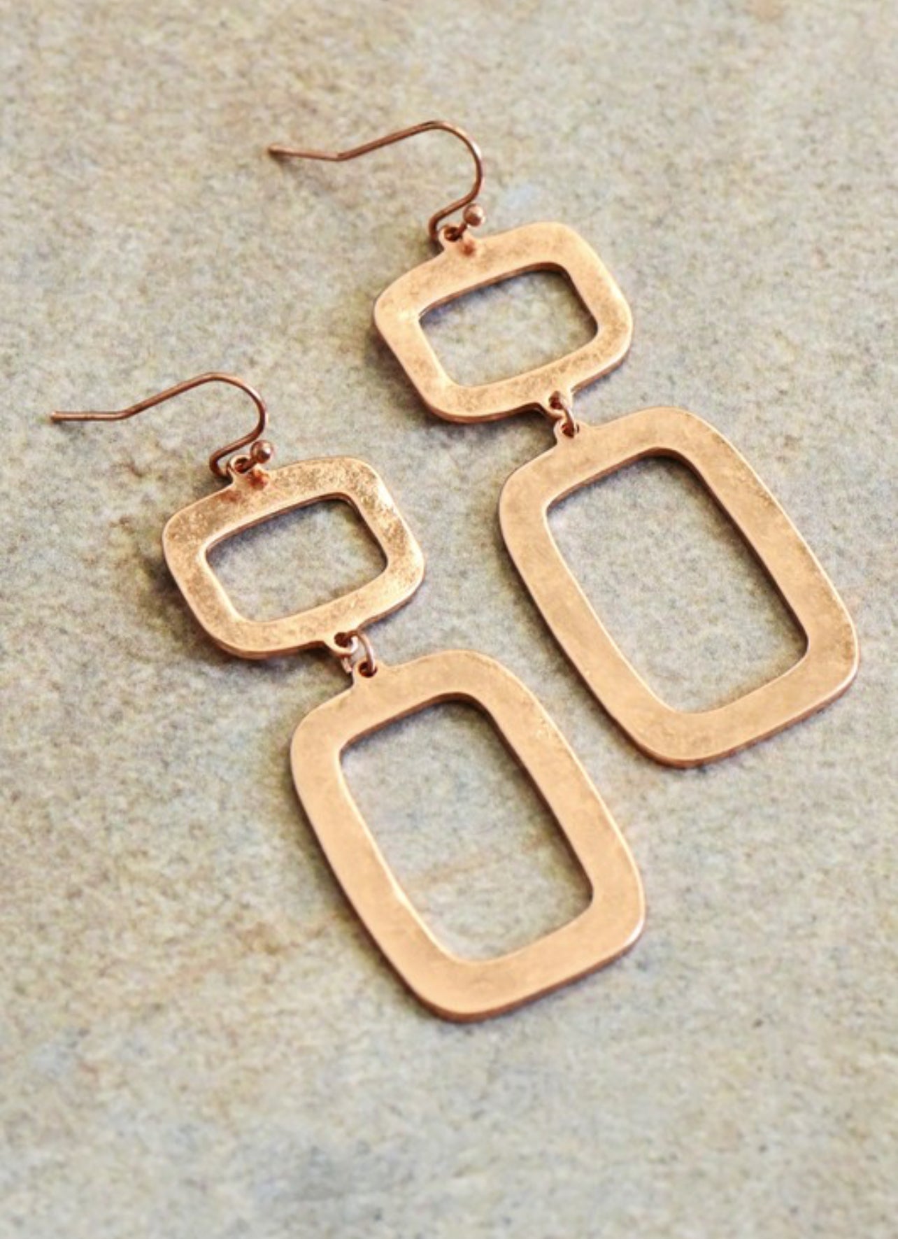 Rose Gold Hammered Metal Square Tiered Earrings