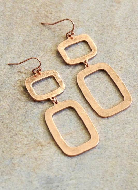 Rose Gold Hammered Metal Square Tiered Earrings