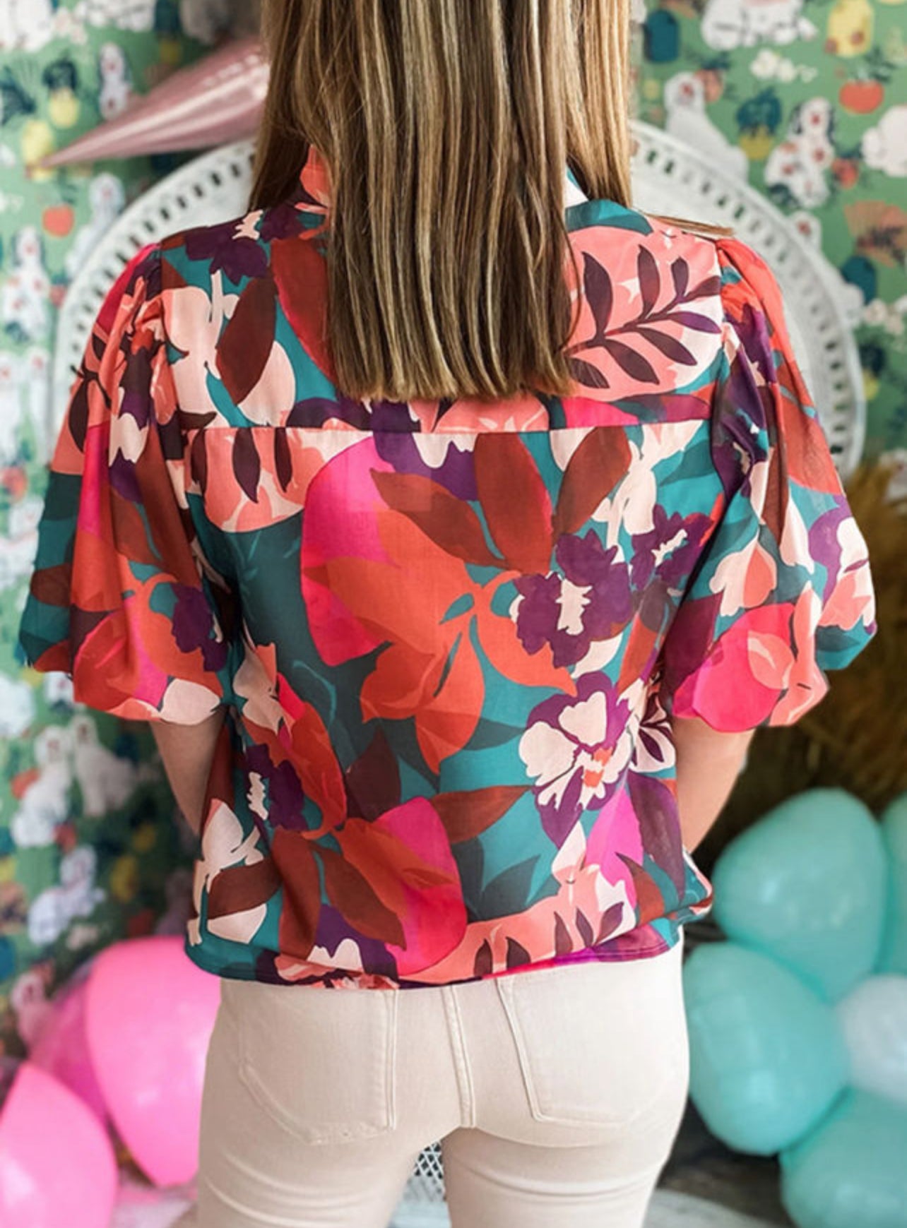 Deva Deep Floral Vneck Puff Sleeve
