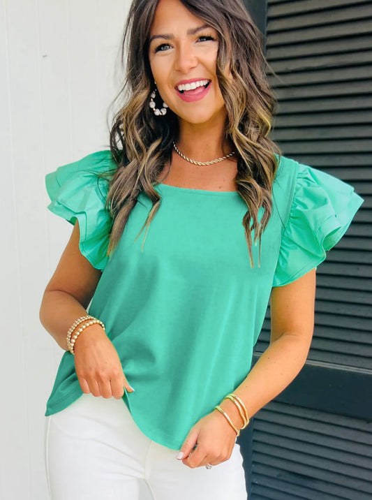 Minty Square Neck Flutter Sleeve Top