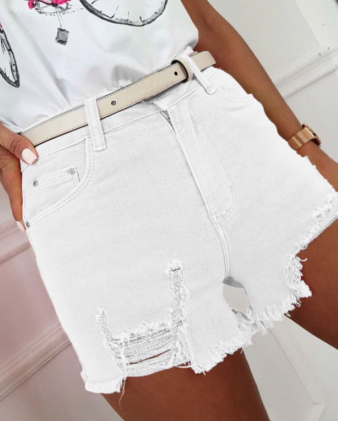White Distressed Denim Shorts