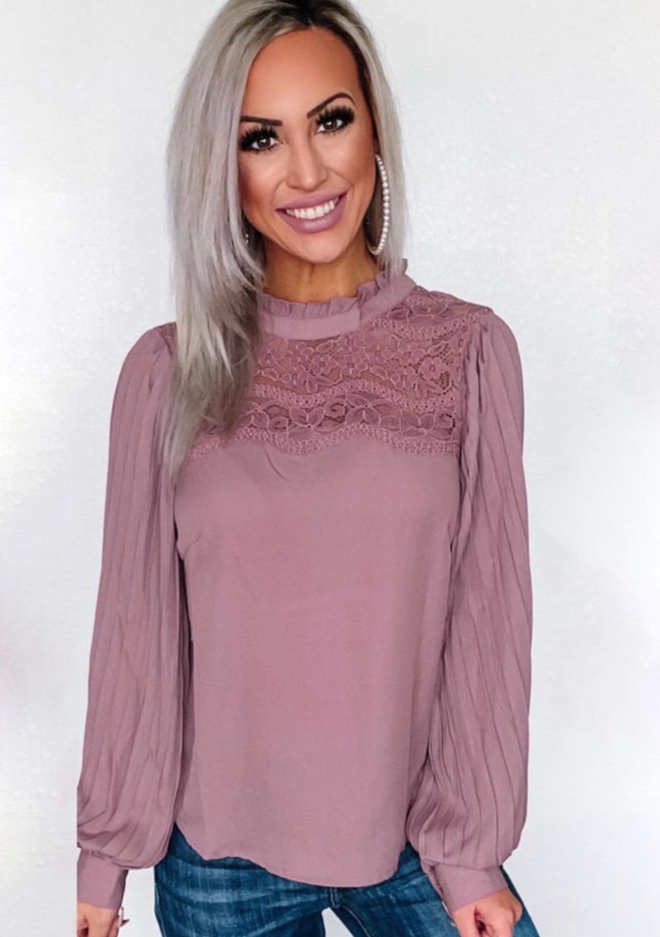 Lavender Lace Neck Pleated Sleeves